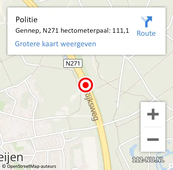 Locatie op kaart van de 112 melding: Politie Gennep, N271 hectometerpaal: 111,1 op 18 januari 2022 14:08