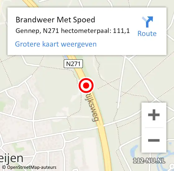 Locatie op kaart van de 112 melding: Brandweer Met Spoed Naar Gennep, N271 hectometerpaal: 111,1 op 18 januari 2022 14:08