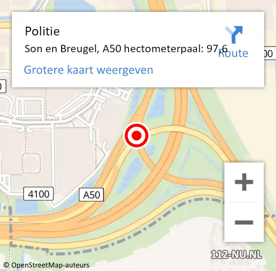 Locatie op kaart van de 112 melding: Politie Son en Breugel, A50 hectometerpaal: 97,6 op 18 januari 2022 16:13