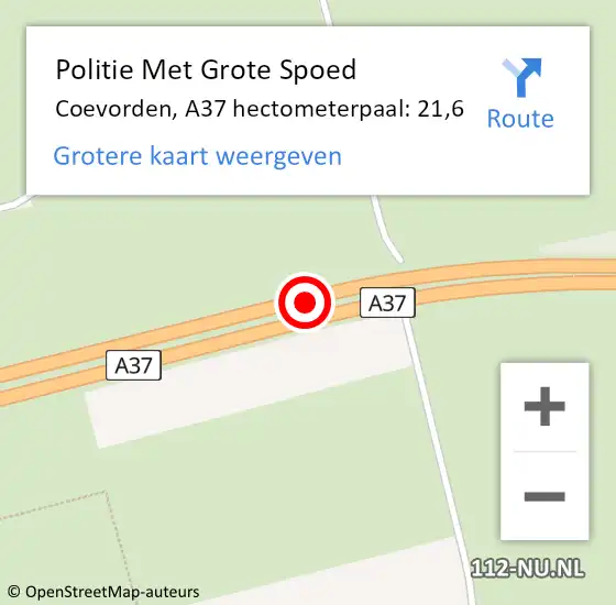 Locatie op kaart van de 112 melding: Politie Met Grote Spoed Naar Coevorden, A37 hectometerpaal: 21,6 op 18 januari 2022 17:04