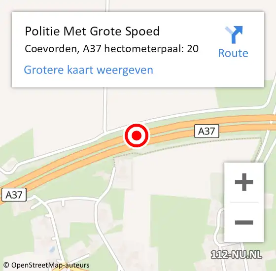 Locatie op kaart van de 112 melding: Politie Met Grote Spoed Naar Coevorden, A37 hectometerpaal: 20 op 18 januari 2022 17:04