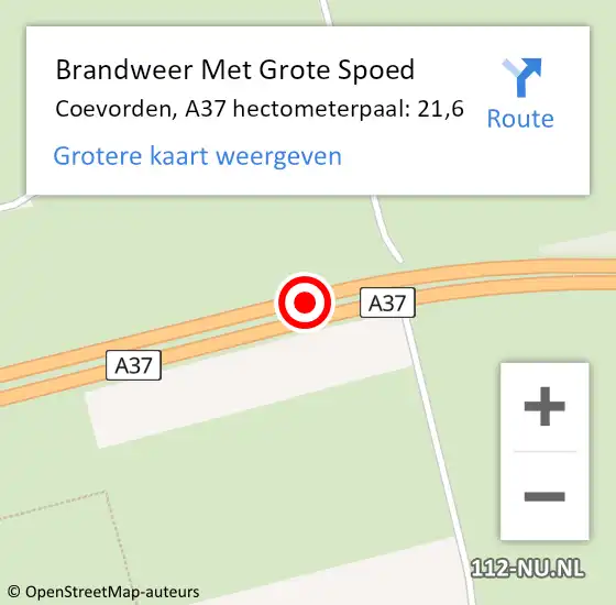 Locatie op kaart van de 112 melding: Brandweer Met Grote Spoed Naar Coevorden, A37 hectometerpaal: 21,6 op 18 januari 2022 17:05