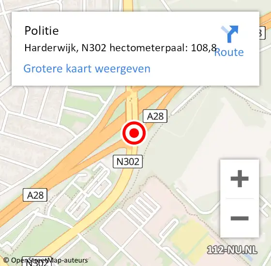 Locatie op kaart van de 112 melding: Politie Ermelo, N302 hectometerpaal: 108,8 op 18 januari 2022 17:33