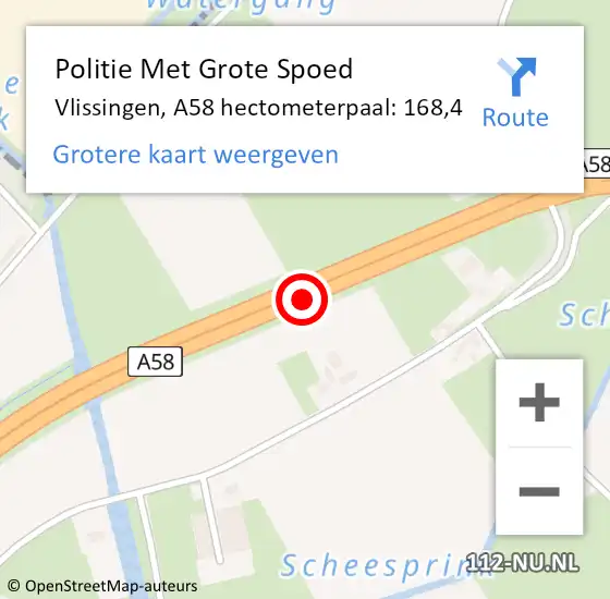 Locatie op kaart van de 112 melding: Politie Met Grote Spoed Naar Vlissingen, A58 hectometerpaal: 168,4 op 18 januari 2022 23:18