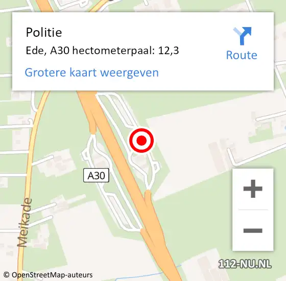 Locatie op kaart van de 112 melding: Politie Ede, A30 hectometerpaal: 12,3 op 19 januari 2022 05:07