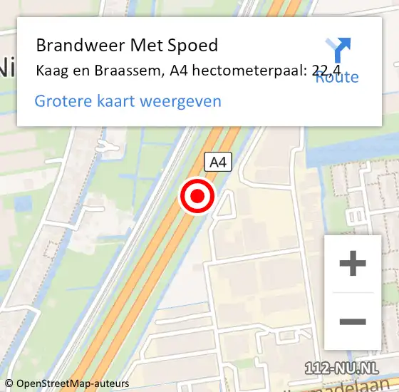 Locatie op kaart van de 112 melding: Brandweer Met Spoed Naar Kaag en Braassem, A4 hectometerpaal: 22,4 op 19 januari 2022 05:22