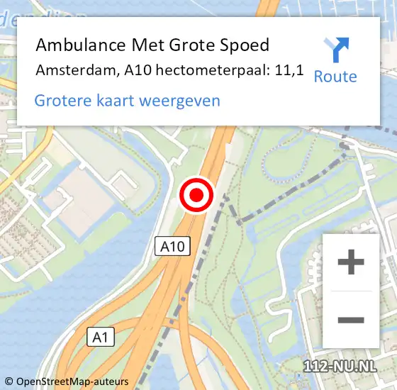 Locatie op kaart van de 112 melding: Ambulance Met Grote Spoed Naar Amsterdam, A10 hectometerpaal: 11,1 op 19 januari 2022 07:40