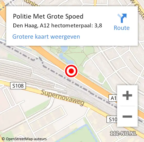 Locatie op kaart van de 112 melding: Politie Met Grote Spoed Naar Den Haag, A12 hectometerpaal: 3,8 op 19 januari 2022 08:18