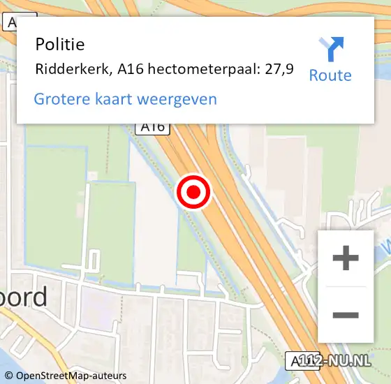 Locatie op kaart van de 112 melding: Politie Ridderkerk, A16 hectometerpaal: 27,9 op 19 januari 2022 08:18