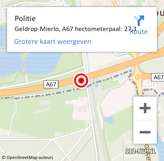 Locatie op kaart van de 112 melding: Politie Geldrop-Mierlo, A67 hectometerpaal: 27,3 op 19 januari 2022 08:43