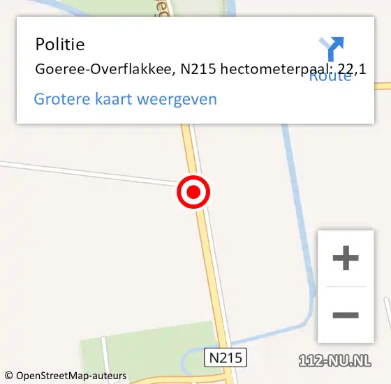 Locatie op kaart van de 112 melding: Politie Goeree Overflakkee, N215 hectometerpaal: 22,1 op 19 januari 2022 10:14