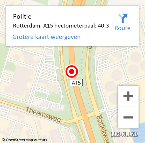 Locatie op kaart van de 112 melding: Politie Rotterdam, A15 hectometerpaal: 40,3 op 19 januari 2022 12:25