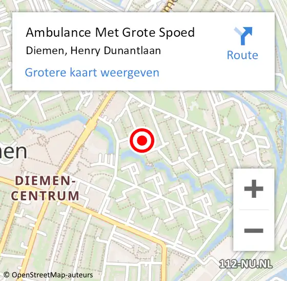 Locatie op kaart van de 112 melding: Ambulance Met Grote Spoed Naar Diemen, Henry Dunantlaan op 19 januari 2022 12:32