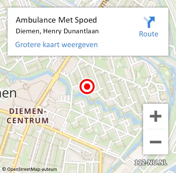 Locatie op kaart van de 112 melding: Ambulance Met Spoed Naar Diemen, Henry Dunantlaan op 19 januari 2022 13:44
