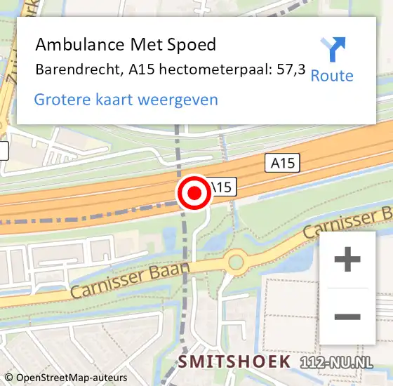 Locatie op kaart van de 112 melding: Ambulance Met Spoed Naar Barendrecht, A15 hectometerpaal: 57,3 op 19 januari 2022 14:46