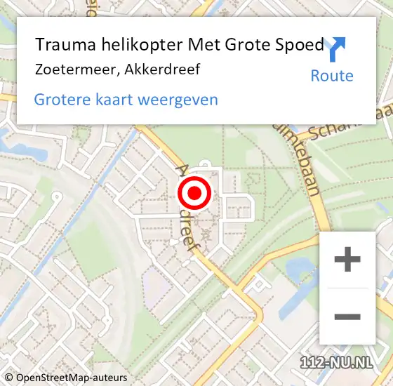 Locatie op kaart van de 112 melding: Trauma helikopter Met Grote Spoed Naar Zoetermeer, Akkerdreef op 19 januari 2022 15:07