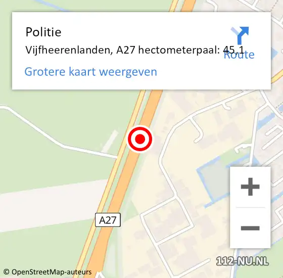 Locatie op kaart van de 112 melding: Politie Zederik, A27 hectometerpaal: 45,1 op 19 januari 2022 15:57