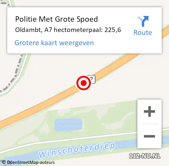 Locatie op kaart van de 112 melding: Politie Met Grote Spoed Naar Oldambt, A7 hectometerpaal: 225,6 op 19 januari 2022 16:40