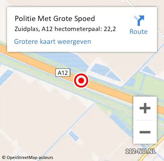 Locatie op kaart van de 112 melding: Politie Met Grote Spoed Naar Zuidplas, A12 hectometerpaal: 22,2 op 19 januari 2022 16:48