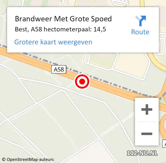 Locatie op kaart van de 112 melding: Brandweer Met Grote Spoed Naar Best, A58 hectometerpaal: 14,5 op 19 januari 2022 17:14