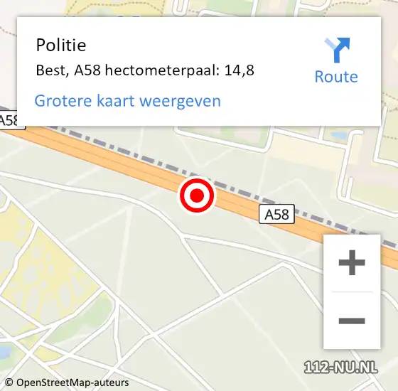 Locatie op kaart van de 112 melding: Politie Best, A58 hectometerpaal: 14,8 op 19 januari 2022 17:17