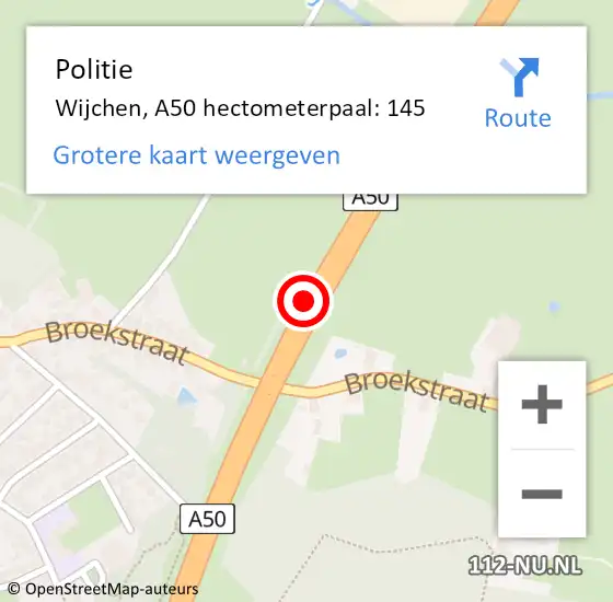 Locatie op kaart van de 112 melding: Politie Wijchen, A50 hectometerpaal: 145 op 19 januari 2022 17:58