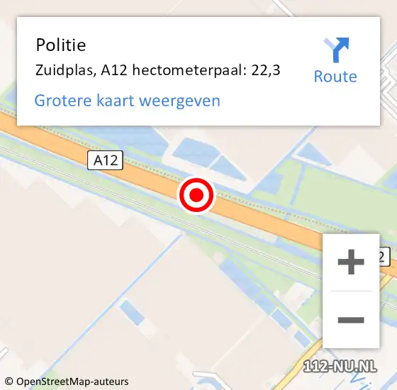 Locatie op kaart van de 112 melding: Politie Zuidplas, A12 hectometerpaal: 22,3 op 19 januari 2022 18:00