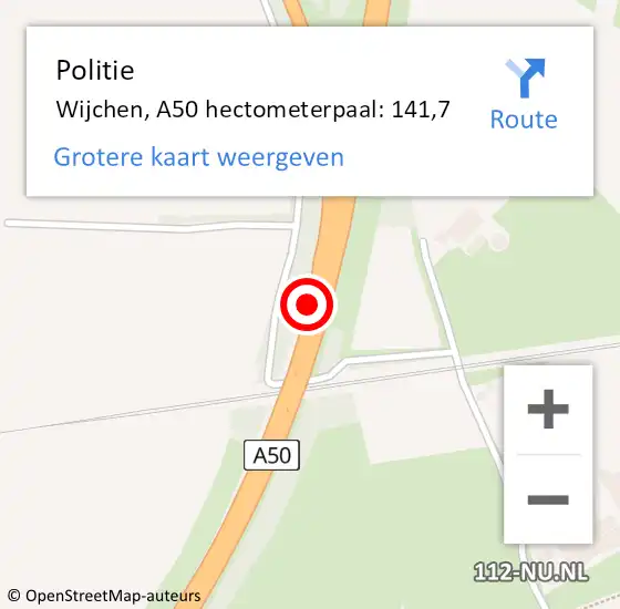 Locatie op kaart van de 112 melding: Politie Wijchen, A50 hectometerpaal: 141,7 op 19 januari 2022 18:01