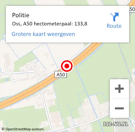 Locatie op kaart van de 112 melding: Politie Oss, A50 hectometerpaal: 133,8 op 19 januari 2022 20:20