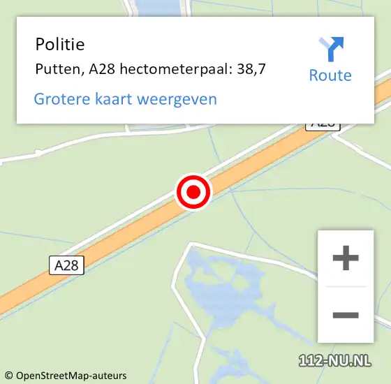 Locatie op kaart van de 112 melding: Politie Putten, A28 hectometerpaal: 38,7 op 19 januari 2022 23:06