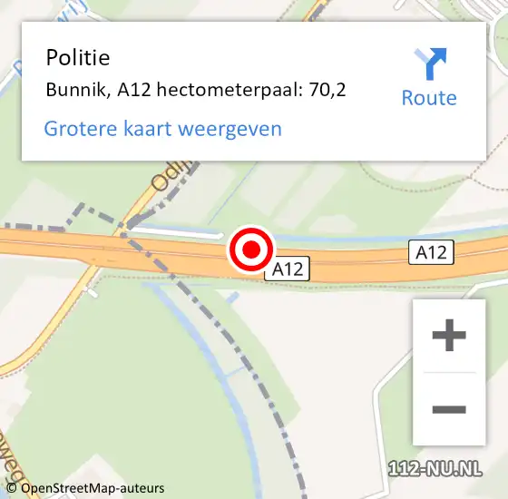 Locatie op kaart van de 112 melding: Politie Bunnik, A12 hectometerpaal: 70,2 op 20 januari 2022 06:31