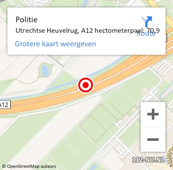 Locatie op kaart van de 112 melding: Politie Utrechtse Heuvelrug, A12 hectometerpaal: 70,9 op 20 januari 2022 06:33