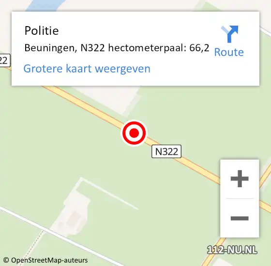 Locatie op kaart van de 112 melding: Politie Beuningen, N322 hectometerpaal: 66,2 op 20 januari 2022 06:52