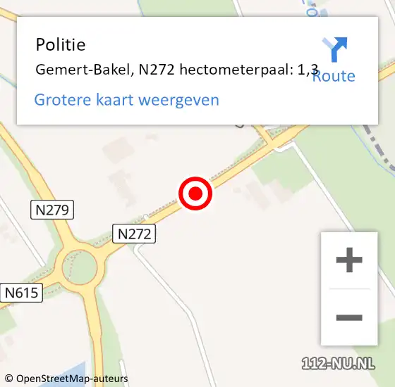 Locatie op kaart van de 112 melding: Politie Gemert-Bakel, N272 hectometerpaal: 1,3 op 20 januari 2022 07:46