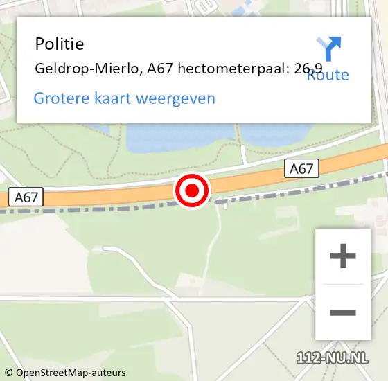 Locatie op kaart van de 112 melding: Politie Geldrop-Mierlo, A67 hectometerpaal: 26,9 op 20 januari 2022 07:47