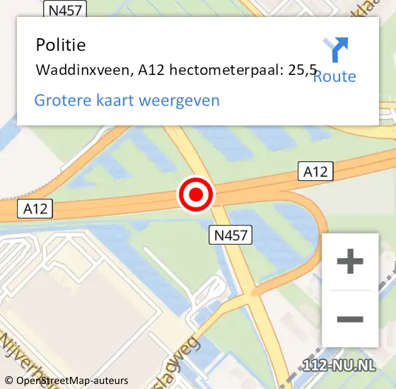Locatie op kaart van de 112 melding: Politie Waddinxveen, A12 hectometerpaal: 25,5 op 20 januari 2022 08:34