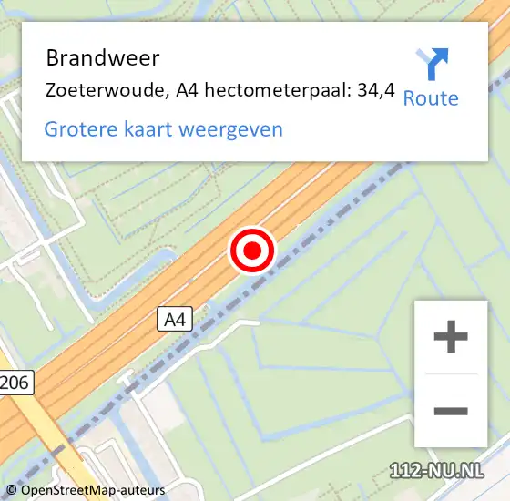 Locatie op kaart van de 112 melding: Brandweer Zoeterwoude, A4 hectometerpaal: 34,4 op 20 januari 2022 09:25