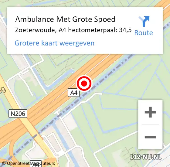 Locatie op kaart van de 112 melding: Ambulance Met Grote Spoed Naar Zoeterwoude, A4 hectometerpaal: 34,5 op 20 januari 2022 09:32