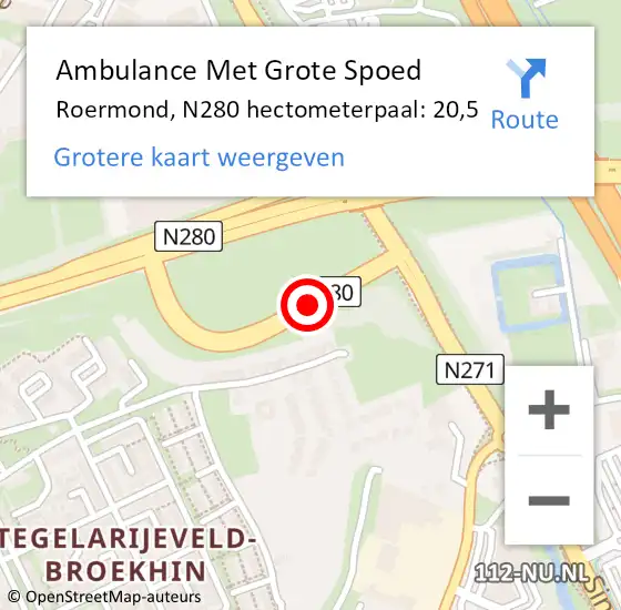 Locatie op kaart van de 112 melding: Ambulance Met Grote Spoed Naar Roermond, N280 hectometerpaal: 20,5 op 20 januari 2022 09:51