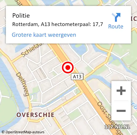 Locatie op kaart van de 112 melding: Politie Rotterdam, A13 hectometerpaal: 17,7 op 20 januari 2022 12:02