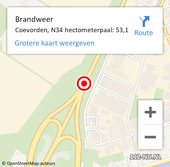 Locatie op kaart van de 112 melding: Brandweer Coevorden, N34 hectometerpaal: 53,1 op 5 juli 2014 20:35