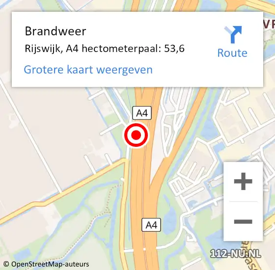 Locatie op kaart van de 112 melding: Brandweer Rijswijk, A4 hectometerpaal: 53,6 op 20 januari 2022 14:34