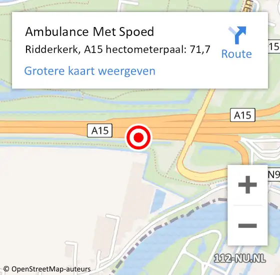 Locatie op kaart van de 112 melding: Ambulance Met Spoed Naar Ridderkerk, A15 hectometerpaal: 71,7 op 20 januari 2022 16:28