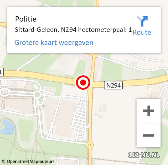 Locatie op kaart van de 112 melding: Politie Sittard-Geleen, N294 hectometerpaal: 1 op 20 januari 2022 18:51