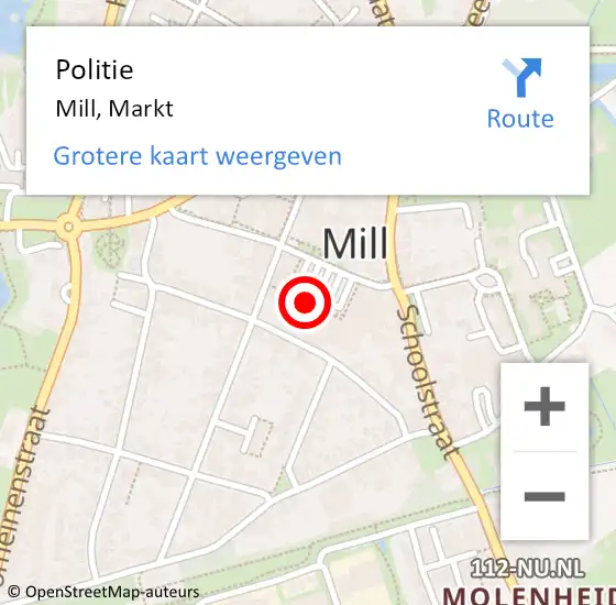 Locatie op kaart van de 112 melding: Politie Mill, Markt op 20 januari 2022 18:59