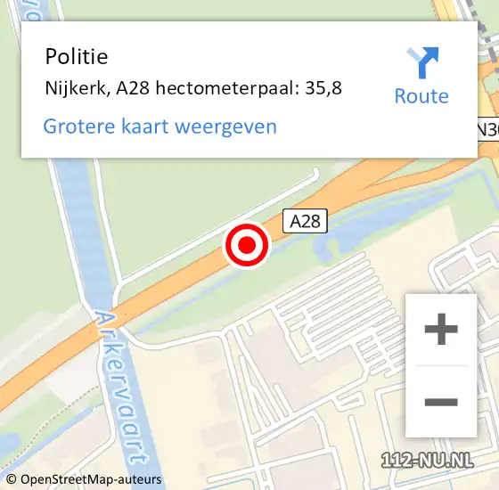 Locatie op kaart van de 112 melding: Politie Putten, A28 hectometerpaal: 35,8 op 20 januari 2022 19:09