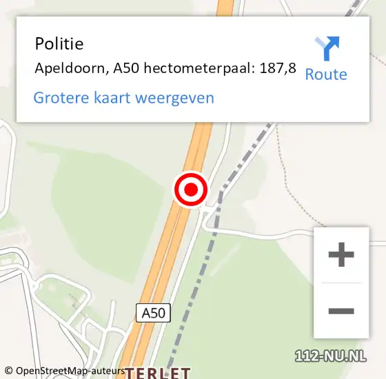 Locatie op kaart van de 112 melding: Politie Apeldoorn, A50 hectometerpaal: 187,8 op 20 januari 2022 19:29