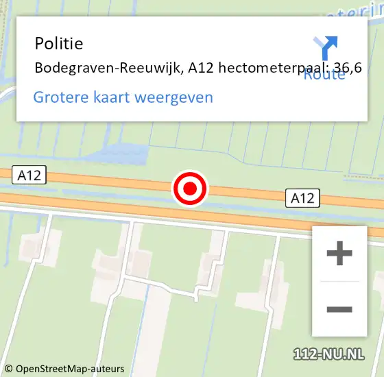 Locatie op kaart van de 112 melding: Politie Bodegraven-Reeuwijk, A12 hectometerpaal: 36,6 op 20 januari 2022 20:08