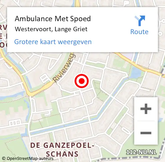 Locatie op kaart van de 112 melding: Ambulance Met Spoed Naar Westervoort, Lange Griet op 20 januari 2022 20:56