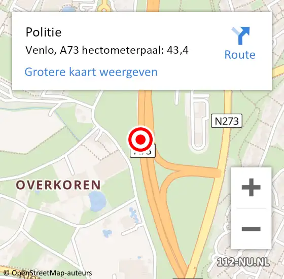 Locatie op kaart van de 112 melding: Politie Venlo, A73 hectometerpaal: 43,4 op 21 januari 2022 07:09